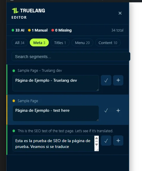 TrueLang also translates your metadata. And so you can edit them from this visual editor for all languages. The best part. Clean SEO for each language in all countries.